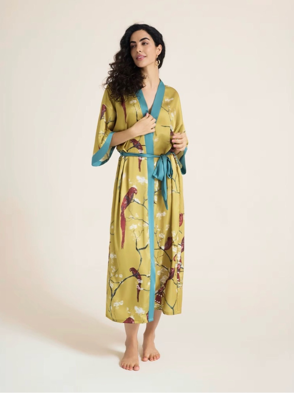 Elegant Yellow and Teal Women's Kimono Robe